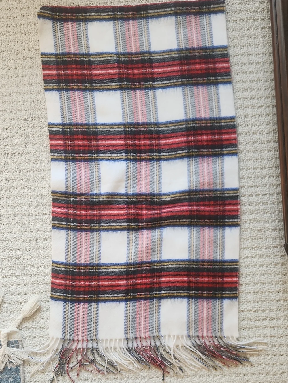 Soft Cream and Red Plaid Fringe Wool Scarf